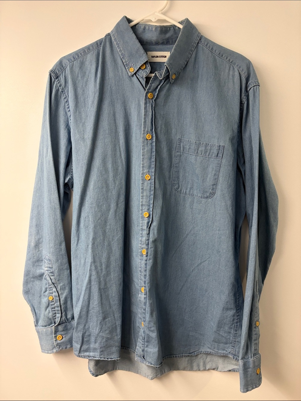 Taylor Stitch Light Blue Denim Button-Down Shirt with Yellow Buttons